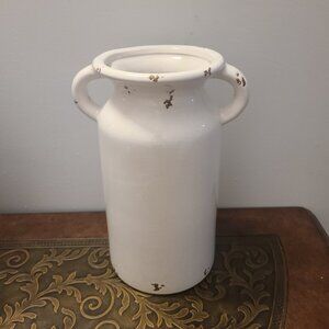 Lerman White Crackle Ceramic Farmhouse Jug Distressed Two-Handle Pitcher Decor